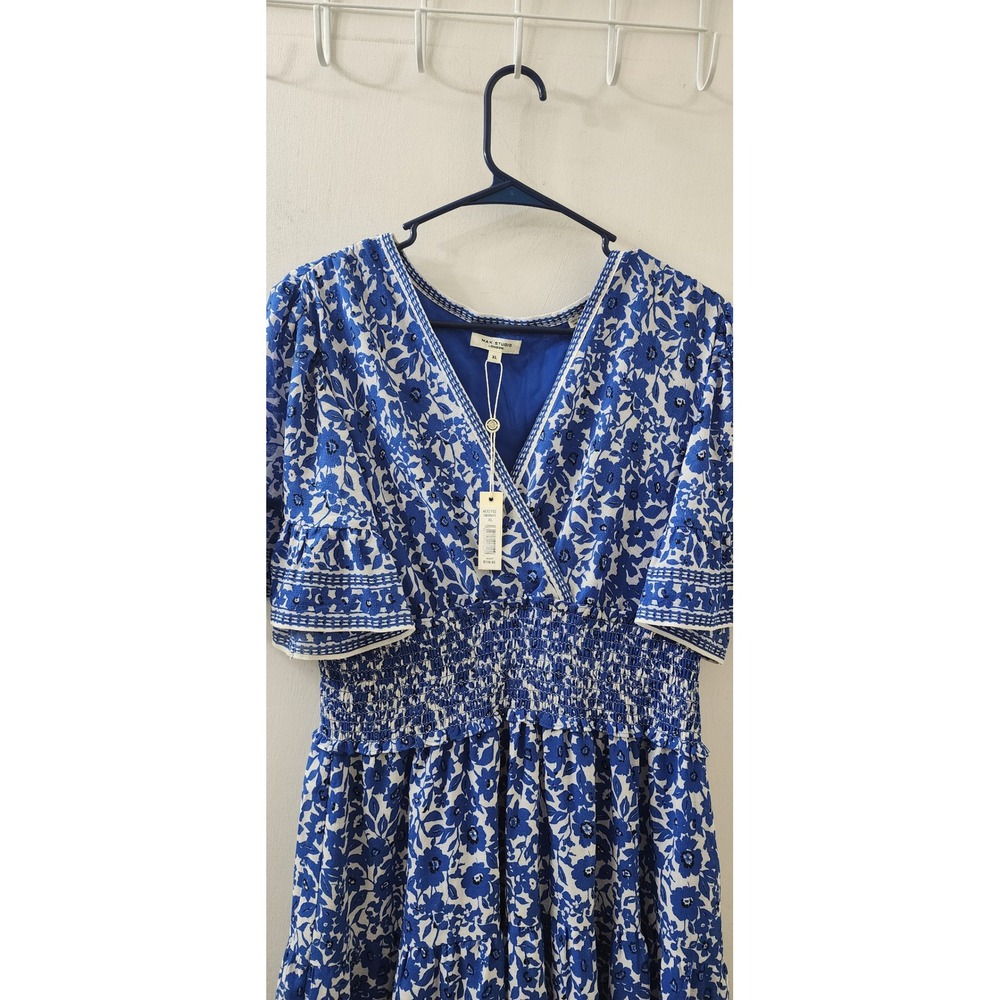 Max Studio London Blue Floral Smocked Waist Tiered Midi Dress 4910Y52 XL NEW - Picture 3 of 7